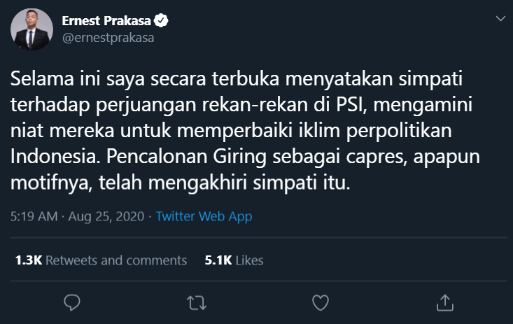 Ernest Prakasa Sindir Menohok Soal Giring Ganesha Maju Capres 2024: Gimmick!