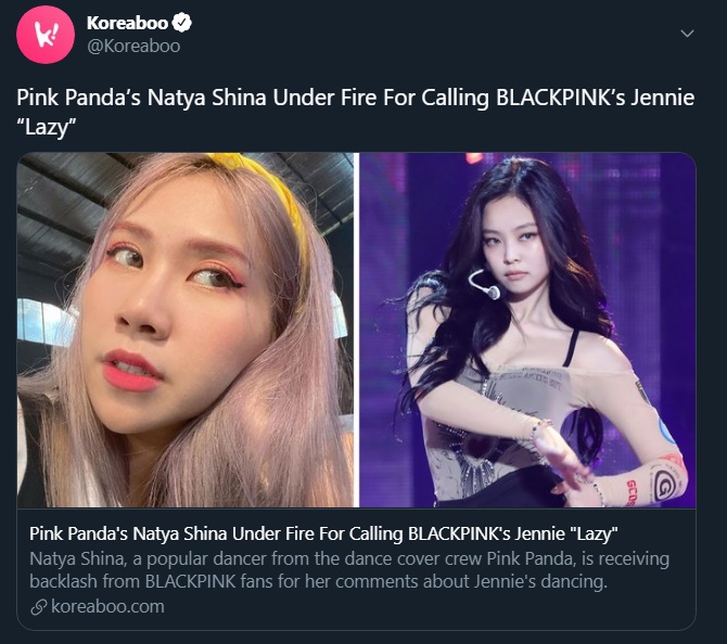 koreaboo memberitakan mengenai natya mengejek jennie malas menari