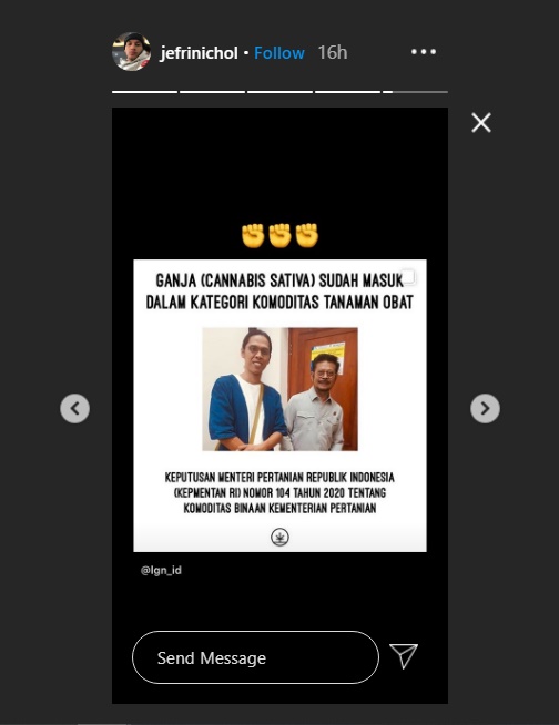 jefri nichol membagikan mengenai informasi jika saat ini ganja telah masuk dalam kategori tanaman obat