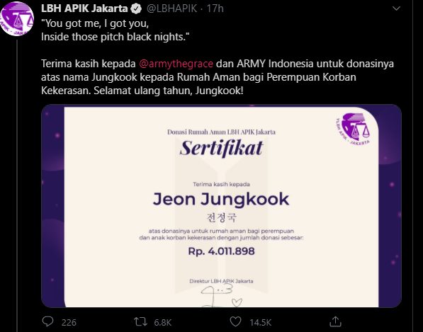 Rayakan Ultah Jungkook, ARMY Indonesia Berikan Sumbangan Berarti