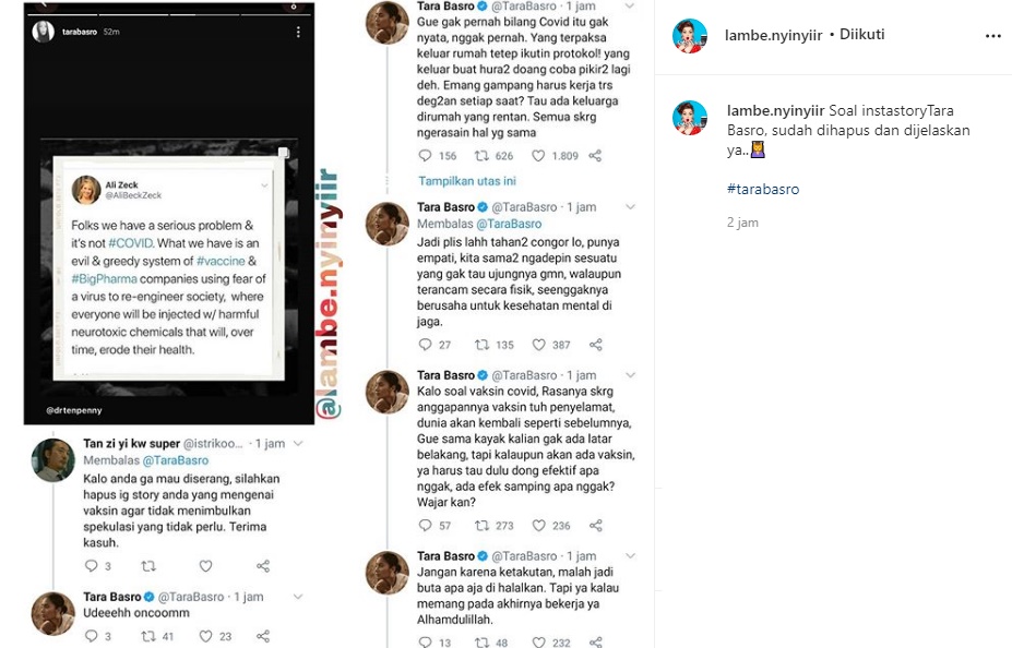 Dituding Tak Percaya Adanya Covid-19, Tara Basro Langsung Bersuara