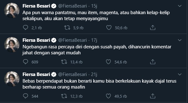 fiersa besari menyinggung mengenai beropini melalui akun twitter pribadinya di tengah ramainya pembicaraan soal polusi visual yang dikemukakan revina vt