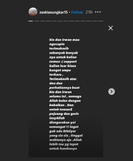 zaskia sungkar mengucapkan terima kasih atas doa yang diberikan oleh publik kepadanya