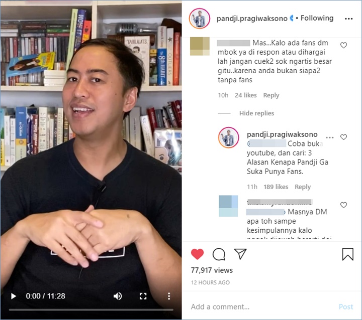pandji pragiwaksono memberikan balasan menohok usai disinggung bukan apa-apa tanpa adanya penggemar