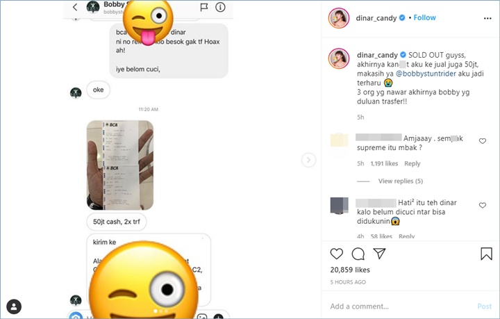 dinar candy menyebutkan jika celana dalam bekas miliknya telah terjual