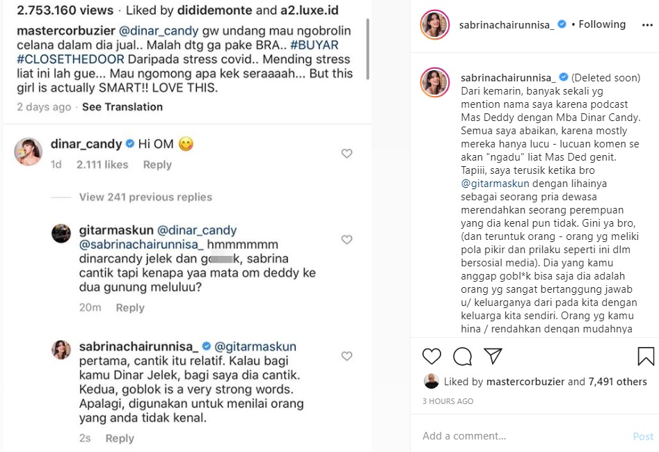 Dinar Candy Dihujat Karena Tak Pakai Bra di Podcast Deddy Corbuzier, Sabrina Chairunnisa Terusik