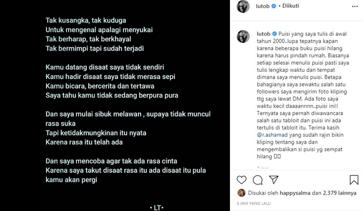 Ditulis 20 Tahun Silam, Lulu Tobing Unggah Puisi Bermakna Dalam