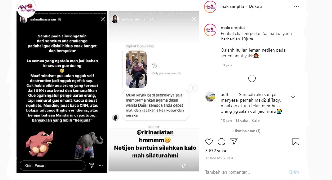 Salmafina Sunan Ciduk 1 Komentar Keji Netizen
