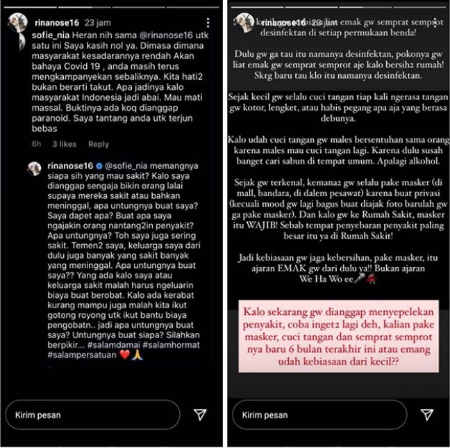 rina nose memberikan penjelasan dan bantahan atas komentar warganet yang menudingnya meremehkan virus corona