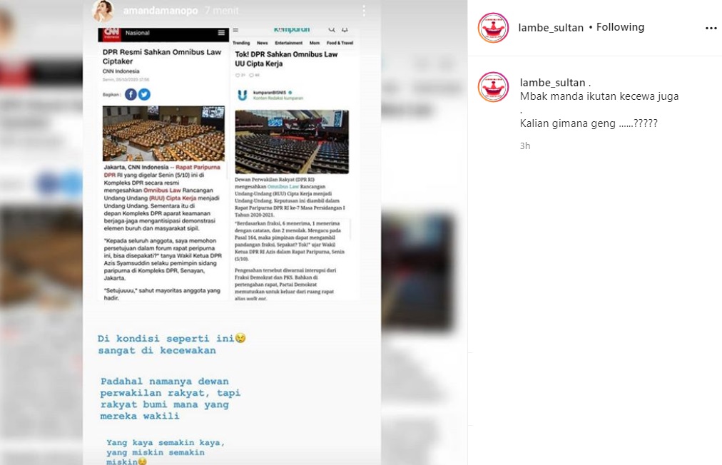 Ikut Soroti Pengesahan UU Cipta Kerja, Amanda Manopo Beri Tanggapan Seperti Ini