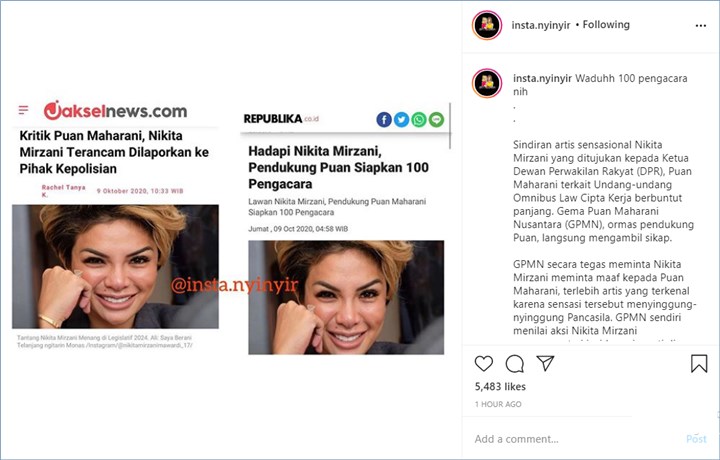 nikita mirzain dikabarkan akan dipolisikan oleh para pendukung puan maharani usai memberikan kritik asal mic mati