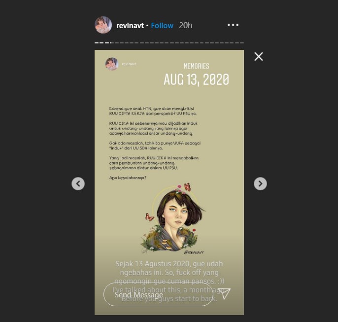 revina vt mengungkapkan jika ia sudah membahas mengenai uu cipta kerja sejak belum disahkan oleh dpr