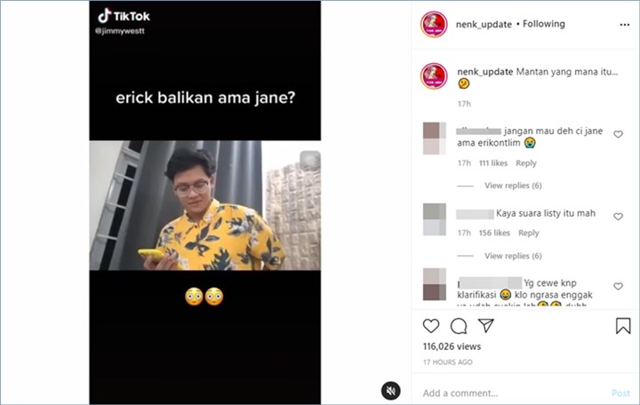 ericko lim disebut balikan dengan jessica jane lantaran menerima tantangan telepon mantan untuk mengajak kembali menjalin hubungan lagi