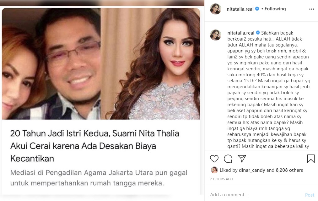 Disebut Cerai Karena Masalah Uang, Nita Thalia: Apapun Saya Beli Pakai Uang Sendiri