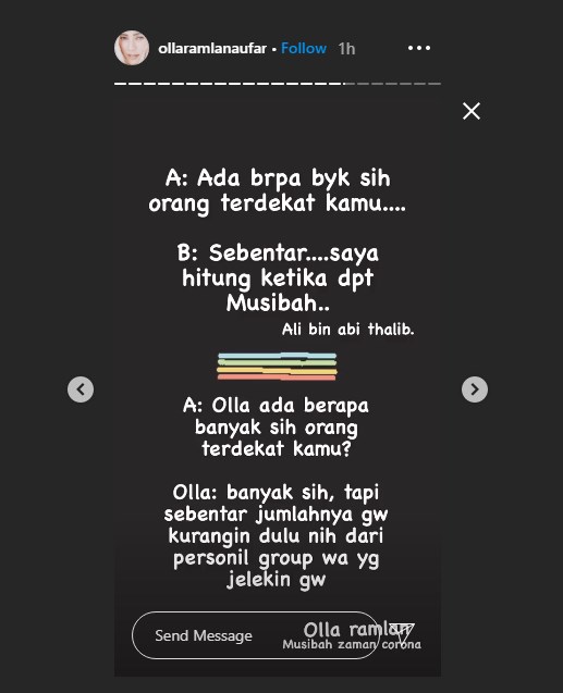 olla ramlan menyebutkan jika mendapatkan musibah di tengah pandemi virus corona yang dilakukan oleh seseorang di grup whatsapp