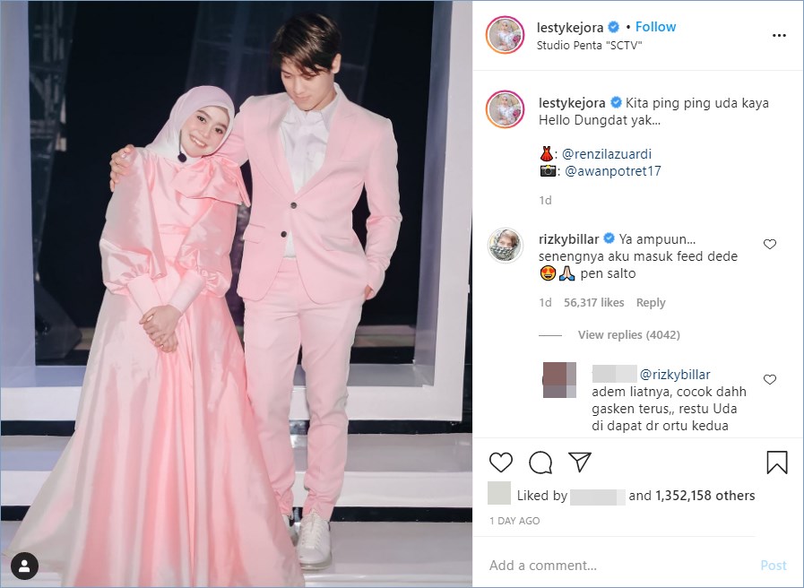 rizky billar memberikan komentar girang di potretnya dan lesty kejora
