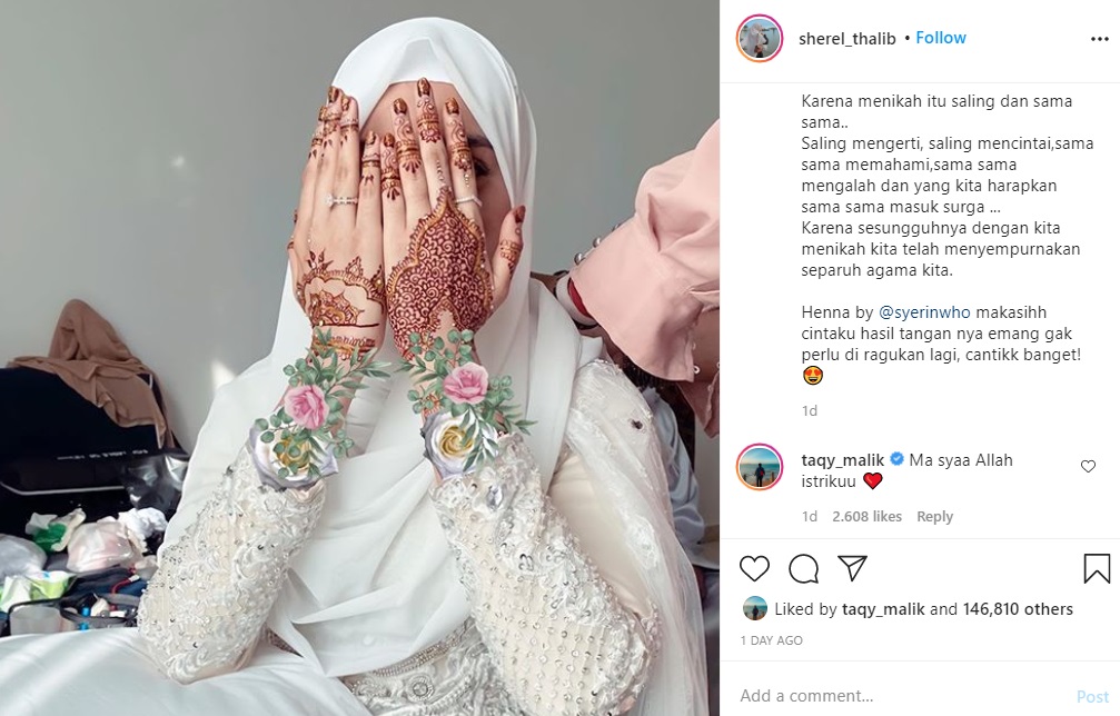 Sherel Thalib Tulis Pesan Adem Soal Pernikahan, Komentar Singkat Taqy Malik Ramai Diledek