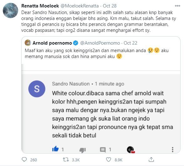 Beri Pembelaan Menohok, Chef Renatta ‘Skakmat’ Netizen yang Ejek Chef Arnold ‘Sok Inggris’