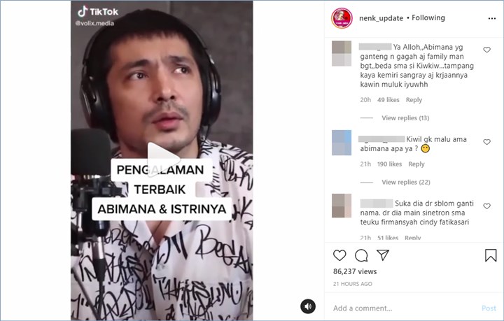 waragnet sontak langsung membandingkan abimana aryasatya dengan kiwil ketika menceritakan mengenai kisahnya dengan sang istri