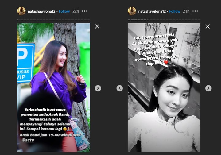 natasha wilona mengungkapkan selamat tinggal melalui akun Instagram pribadinya untuk para penonton \'anak band\'