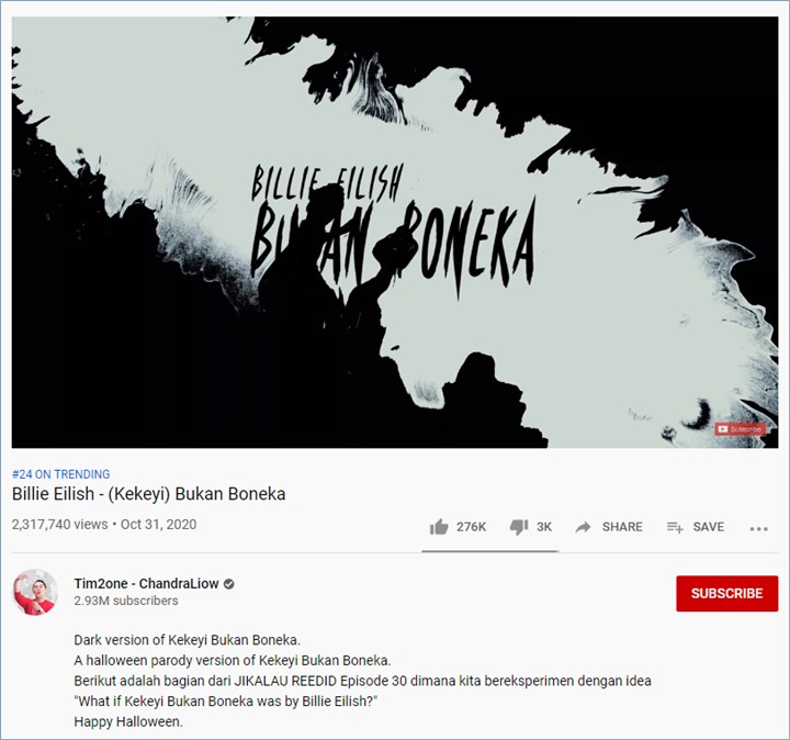 video klip lagu \'kekeyi bukan boneka\' versi halloween karya chandra liow cs sontak dibanjiri pujian