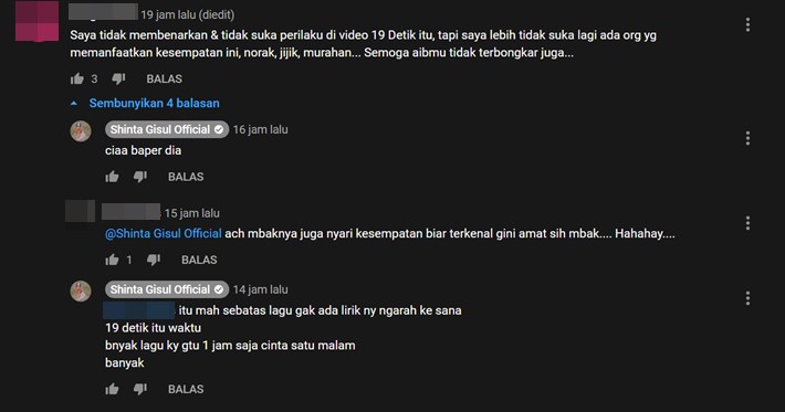 shinta gisul memberikan balasan kepada warganet