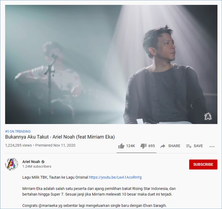 video duet ariel noah dengan mirriam eka membawakan lagu \'bukannya aku takut\' masuk ke jajaran trending di youtube indonesia
