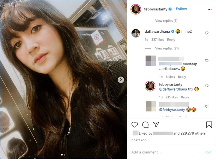 daffa wardhana memberikan komentar di potret febby rastanty dengan gaya rambut baru