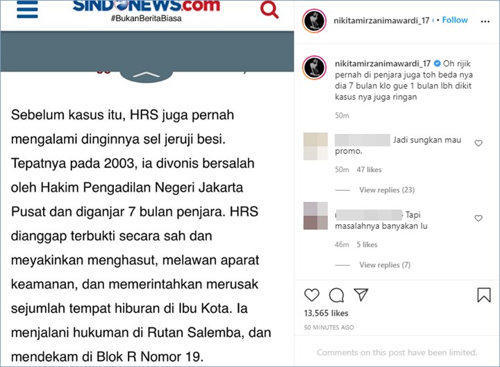 nikita mirzani membandingkan kasusnya dan hrs yang sama-sama ditahan di kepolisian