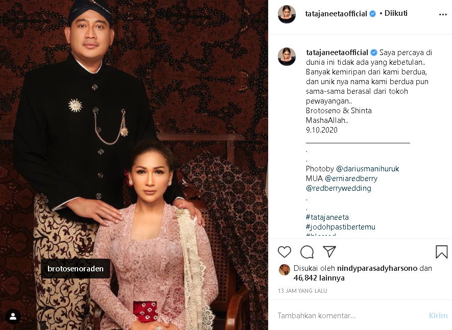 Bak Tanda Berjodoh, Tata Janeeta Sebut Banyak Kemiripan dengan Suami Hingga Kesamaan Nama