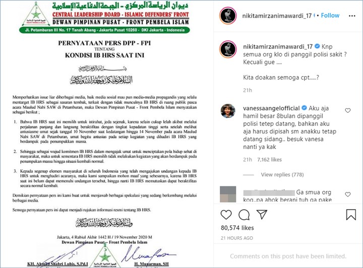 vanessa angel menuliskan komentar di unggahan nikita mirzani mengenai kabar hrs tengah beristirahat