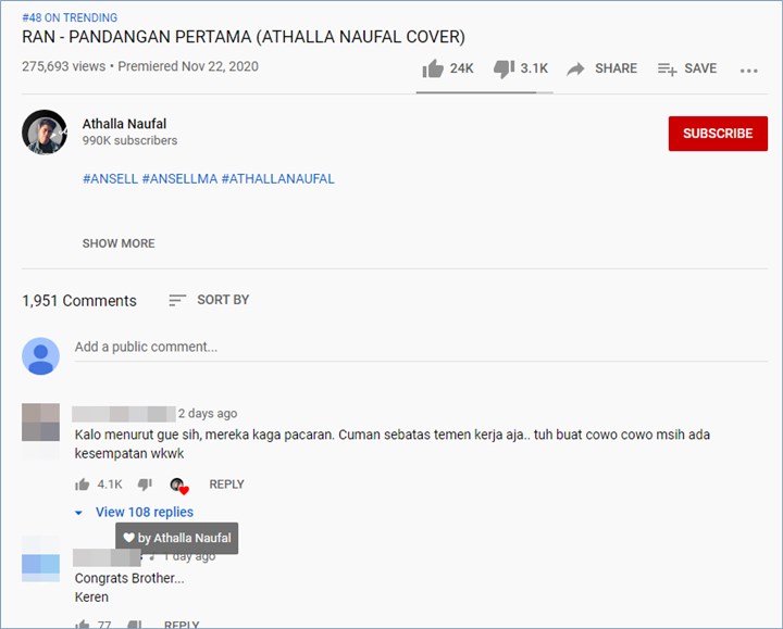 athalla naufal memberikan like kepada salah satu komentar netizen yang menyinggung mengenai hubungannya dengan ansellma putri yang heboh dibicarakan
