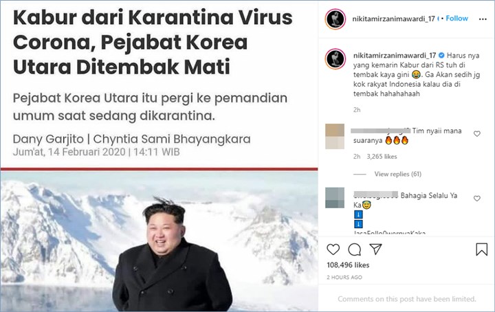 nikita mirzani kembali memberikan sindiran kepada habib rizieq melalui akun Instaggram pribadinya seraya menyinggung kabur dari rumah sakit