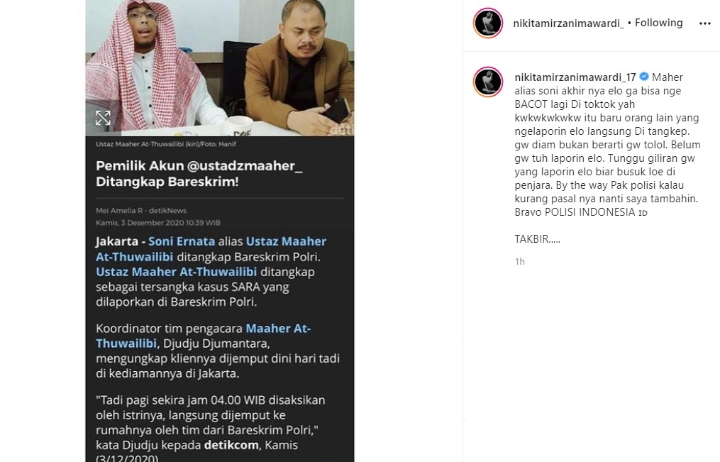 Komentari Penangkapan Ustaz Maheer, Nikita Mirzani: Kalau Kurang Pasalnya Nanti Saya Tambahin