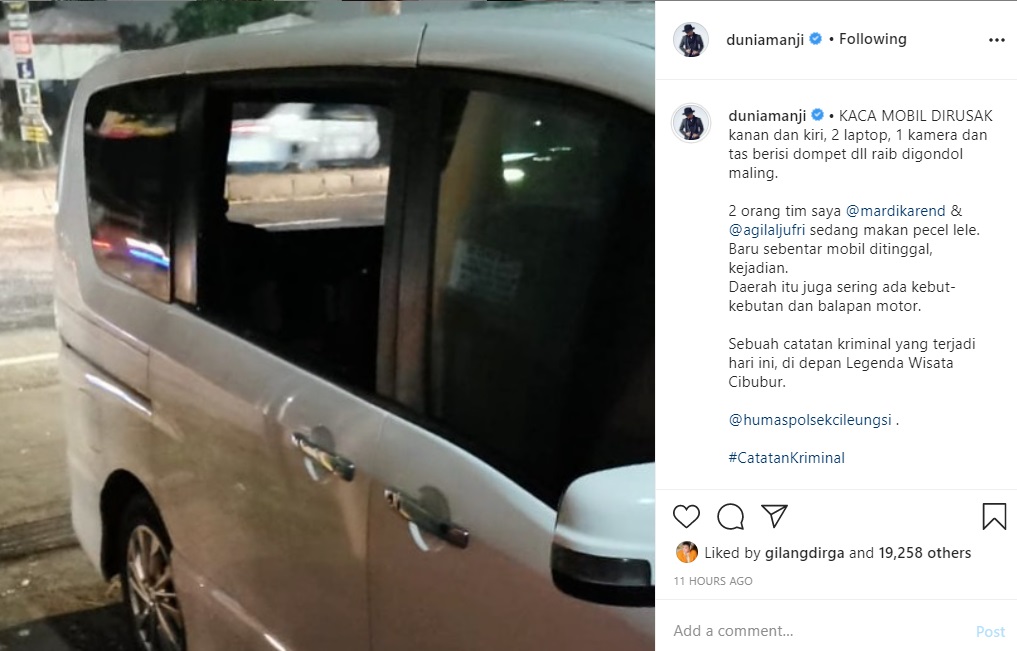 Mobil Anji Kemalingan, Kacanya Dirusak Hingga 4 Barang Berharga Raib