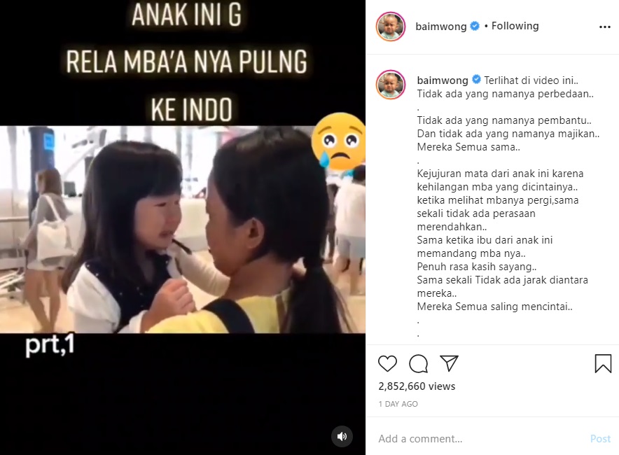 Unggah Video Mengharukan Ini, Baim Wong Tulis Pesan Bijak Soal ART dan Majikan