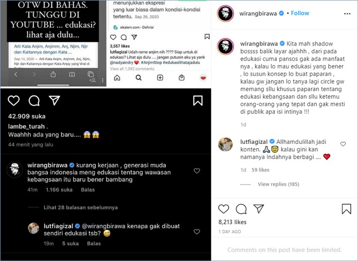 lutfi agizal memberikan komentar di unggahan wirang birawa
