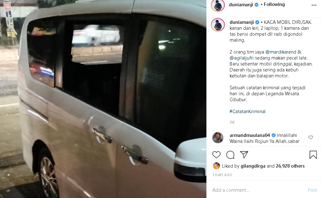 Mobilnya Dibobol Maling, Anji Ungkap Soal Kerugian Materi Hingga Kehilangan Data Lagu Baru