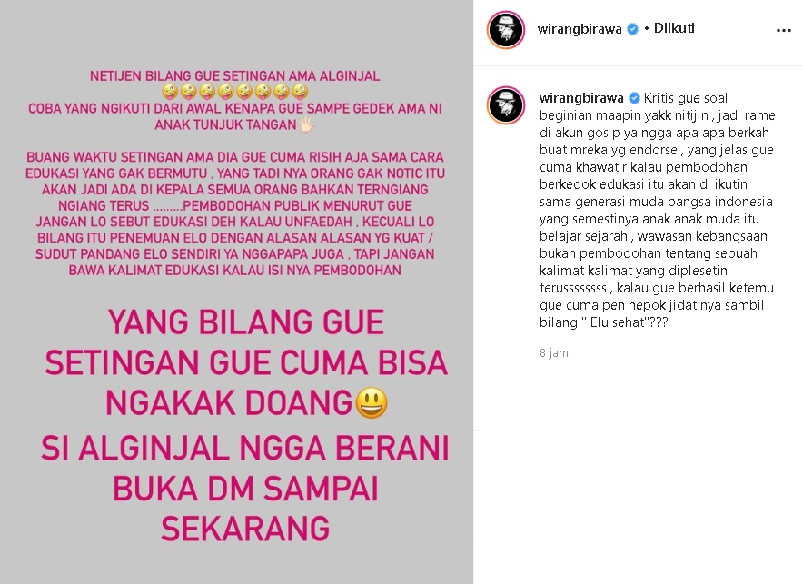 Aksi Saling Sindir dengan Lutfi Agizal Dituding Settingan, Wirang Birawa Bantah Tegas: Buang Waktu