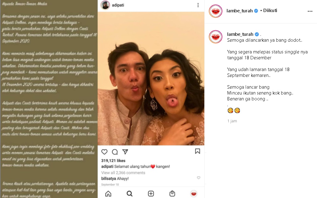 Tanggal Pernikahan Adipati Dolken-Canti Tachril Akhirnya Diumumkan, Fans Serbu Postingan Lama Ini