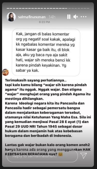 Disebut Wajar Dibenci Karena Pindah Keyakinan, Salmafina Sunan Langsung Beri Respons