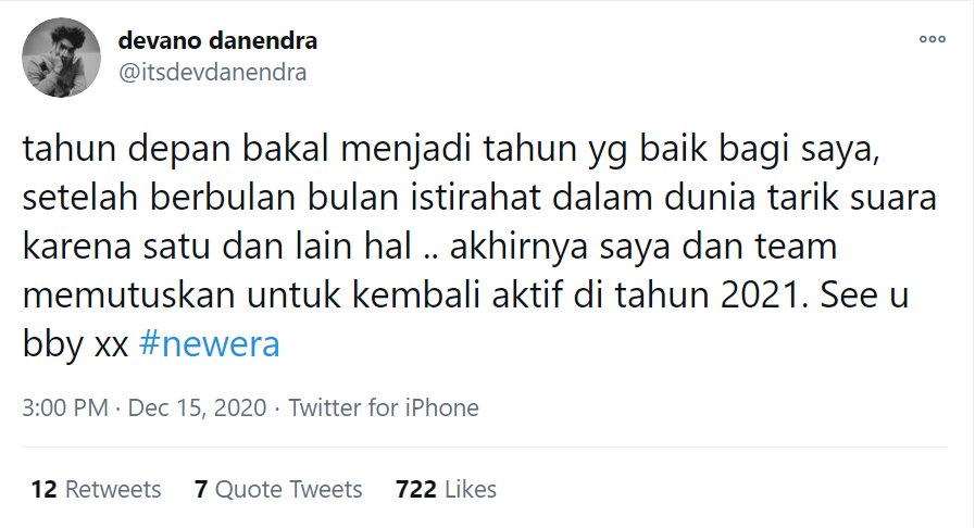 Sempat Istirahat dari Dunia Tarik Suara, Devano Danendra Akui Bakal Aktif Lagi Tahun Depan