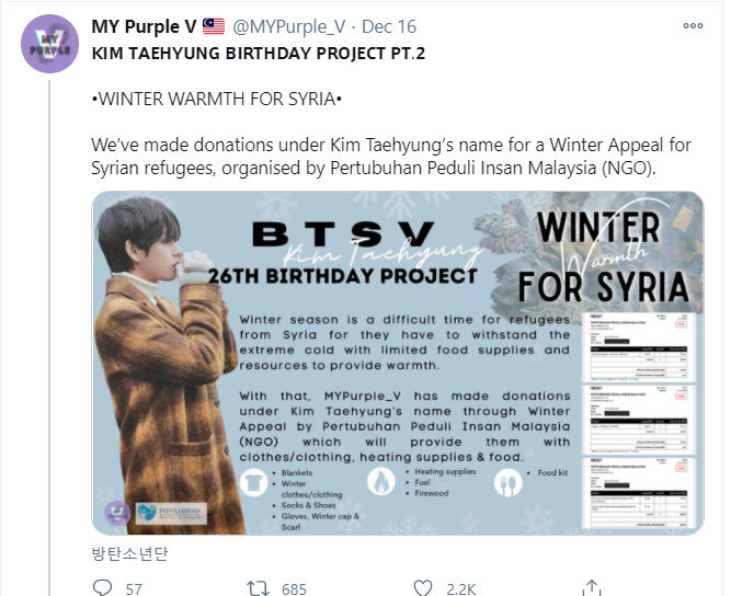 Jadikan Ultah V Lebih Bermakna, Fans Beri Musim Dingin yang Hangat Bagi Pengungsi Suriah