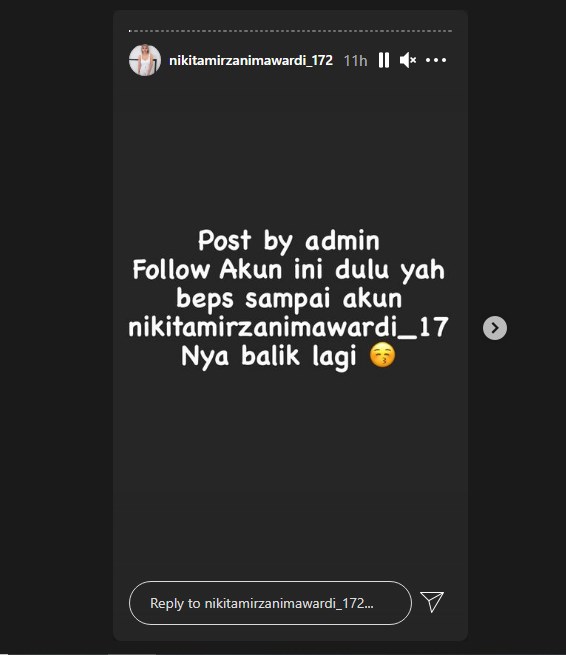 akun kedua nikita mirzani mengumumkan akan menggunakan akun sementara sampai akun pertamanya kembali bisa diakses