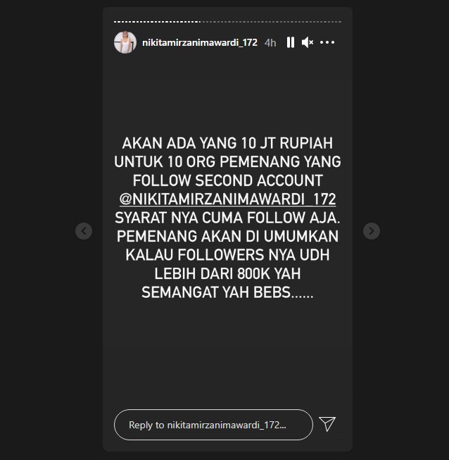 nikita mirzani mengumumkan akan memberikan hadiah untuk 10 orang pemenang followers akun pribadinya