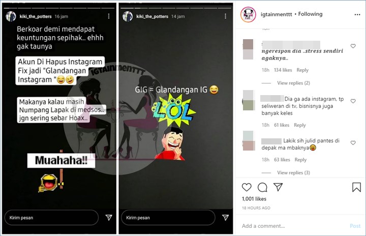 kiki the potters menuai komentar miring karena menyinggung mengenai hilangnya akun Instagram seseorang lagi