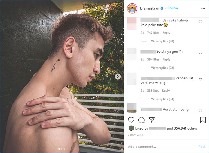 verrell bramasta disambut pro dan kontra karena memamerkan potret dengan beberapa tato di tubuhnya