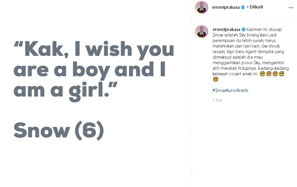 Dengar Ucapan Sang Kakak Soal Susahnya Jadi Perempuan, Reaksi Putra Ernest Prakasa Menyentuh Banget