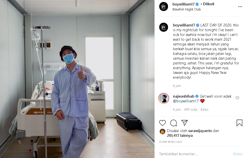 Lalui Malam Tahun Baru di Rumah Sakit, Boy William Ungkap Sederet Harapan untuk 2021