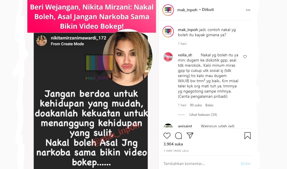Nikita Mirzani Kena Sindir Usai Beri Wejangan Agar Tak Narkoba dan Buat Video Syur
